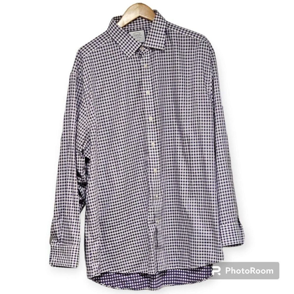 Charles Tyrwhitt Purple And White Gingham Button Down Non Iron Collared Shirt...
